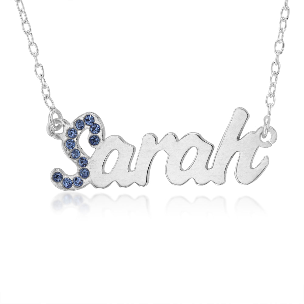 Personalised Sterling Silver Name Pendant with Cubic Zirconia on 40cm Chain - September