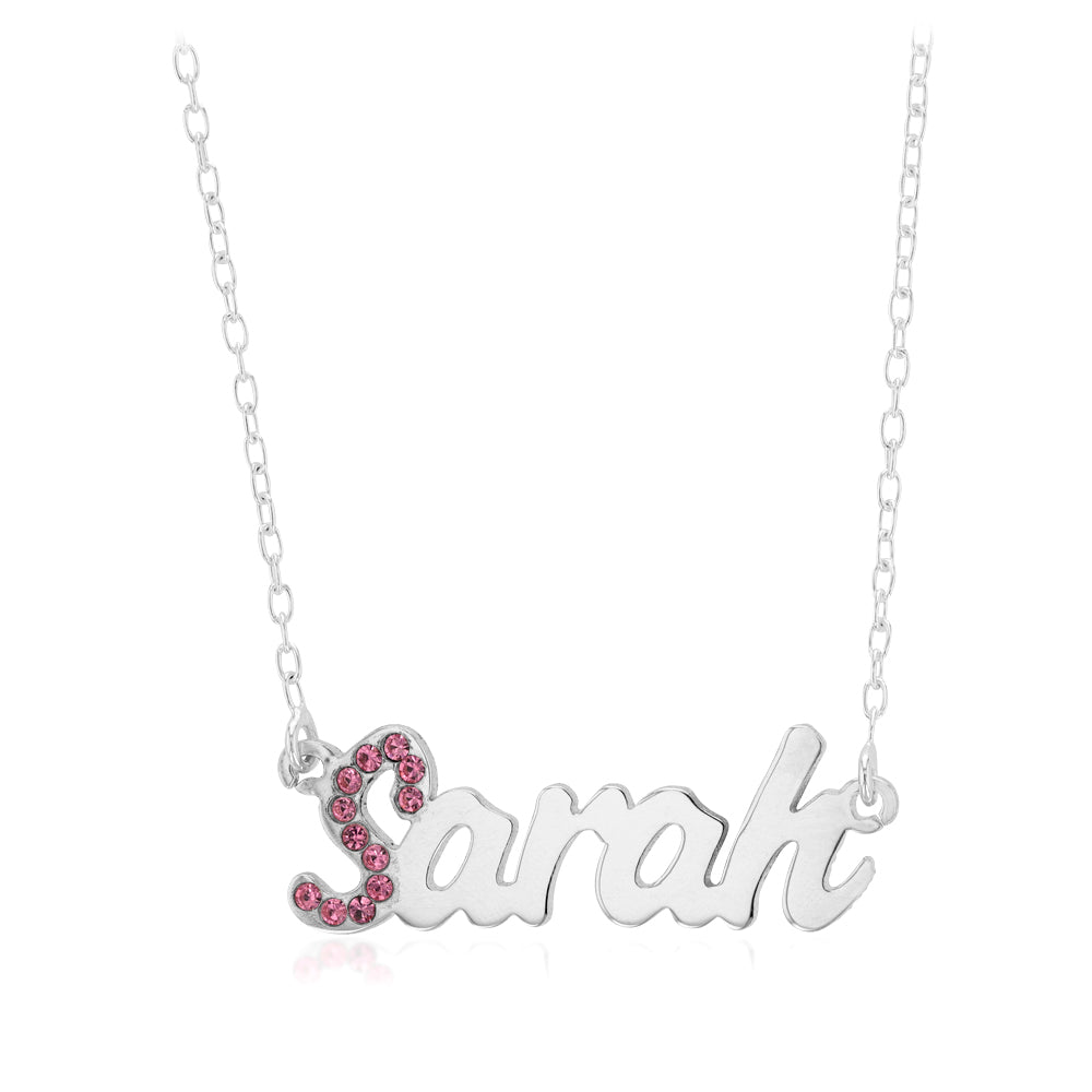 Personalised Sterling Silver Name Pendant with Cubic Zirconia on 40cm Chain - October