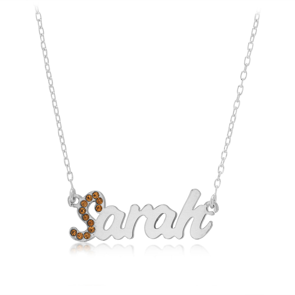 Personalised Sterling Silver Name Pendant with Cubic Zirconia on 40cm Chain - November