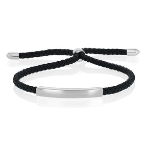 Engravable Rhodium ID Black Adjustable Chord Bracelet in Sterling Silver