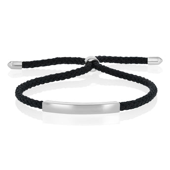 Engravable Rhodium ID Black Adjustable Chord Bracelet in Sterling Silver