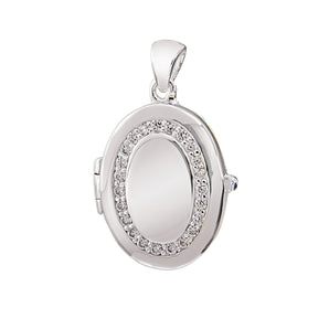 Engravable Cubic Zirconia Oval Locket Pendant in Sterling Silver