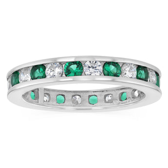 Sterling Silver Green and White Cubic Zirconia Channel Ring