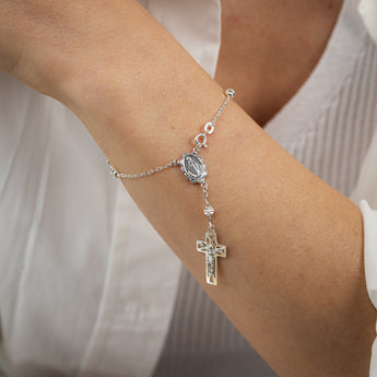 Sterling Silver Miraculous Medal and Crucifix Rosary Bracelet