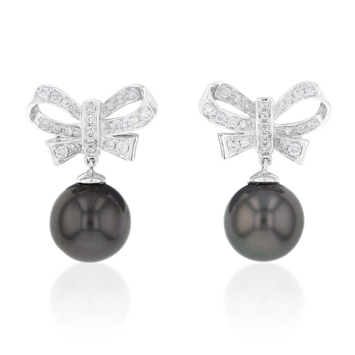 9ct White Gold Tahitian Bow Pearl Earrings set with 46 Diamonds