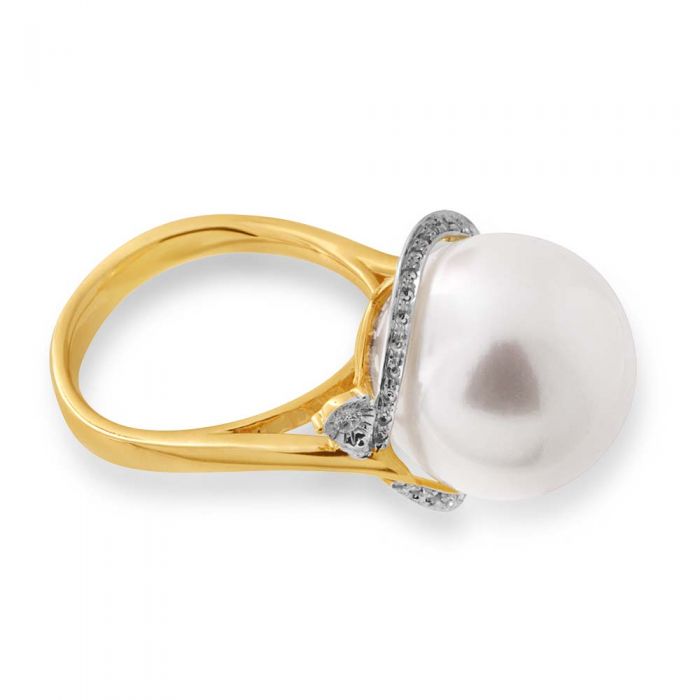 9ct Yellow Gold 14-15mm White South Sea Pearl and 0.10ct Diamond Ring