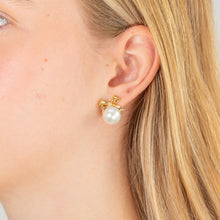 Load image into Gallery viewer, 9ct Yellow Gold 11.5-12mm White South Sea Pearl and Diamond Bow Studs