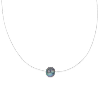 Sterling Silver 10-12mm Dyed Black Fresh Water Pearl On Adjustable Choker Chain