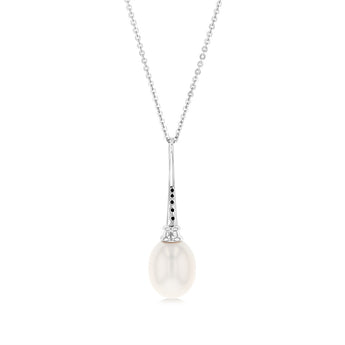 Sterling Silver Rhodium Plated 9-9.5mm Oval Fresh Water Pearl Pendant On Chain