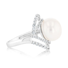 Load image into Gallery viewer, Sterling Silver Rhodium Plated 12-12.5mm White FW Button Pearl &amp; CZ Ring