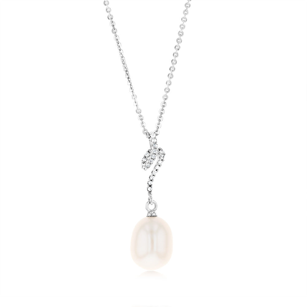 Sterling Silver Rhodium Plated 8.5-9mm Fresh Water Drop Pearl & Zirconia Pendant On Chain