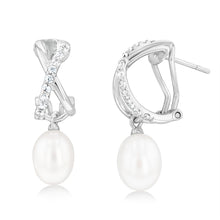 Load image into Gallery viewer, Sterling Silver 7.5-8mm Oval Fresh Water Pearl &amp; Zirconia Earrings