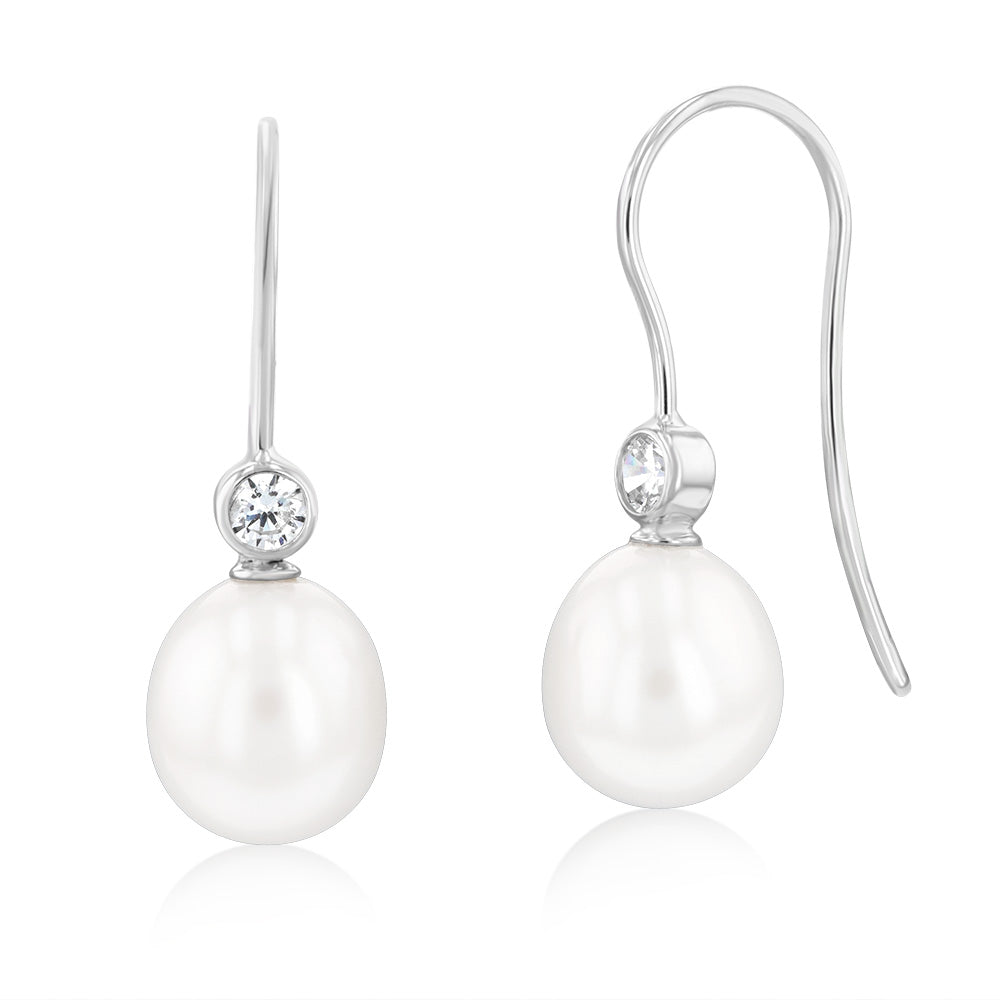 Sterling Silver Rhodium Plated 8.5-9mm Oval Fresh Water Pearl And Zirconia Hook Earrings