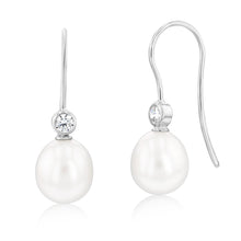 Load image into Gallery viewer, Sterling Silver Rhodium Plated 8.5-9mm Oval Fresh Water Pearl And Zirconia Hook Earrings