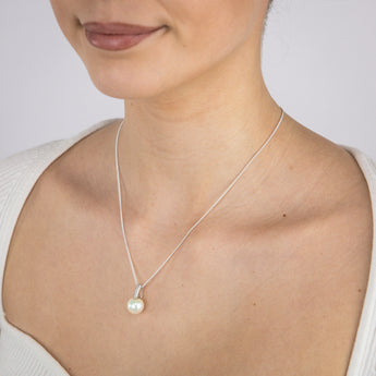 10-12mm White South Sea Pearl Pendant with Pave Zirconia Bale on 45cm Chain in Sterling Silver