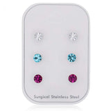 Stainless Steel Crystal Studs Set of 3 - White Aqua Fucshia