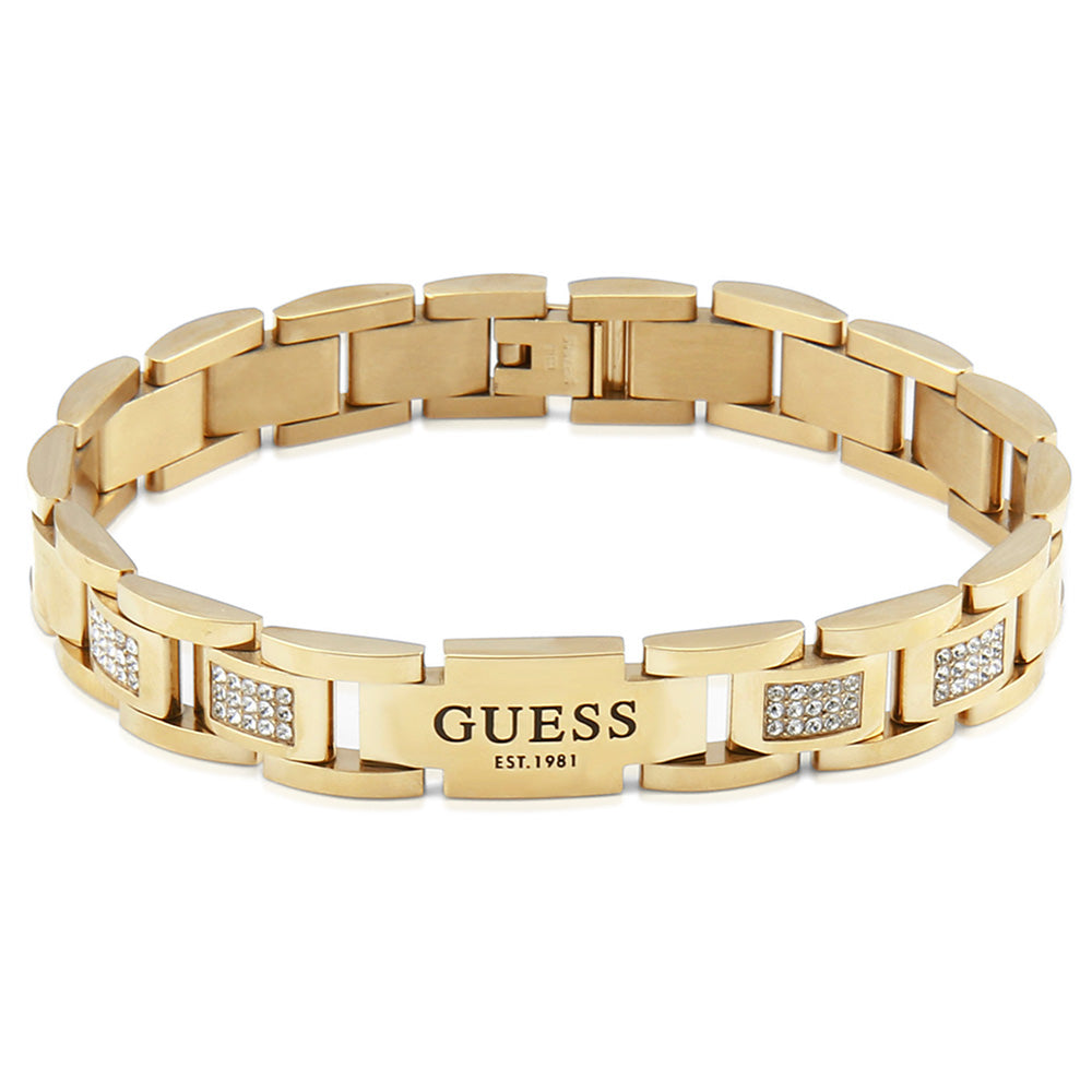 Guess Mens Jewellery Gold Plated White Cubic Zirconia 12mm Flat Chain Bracelet