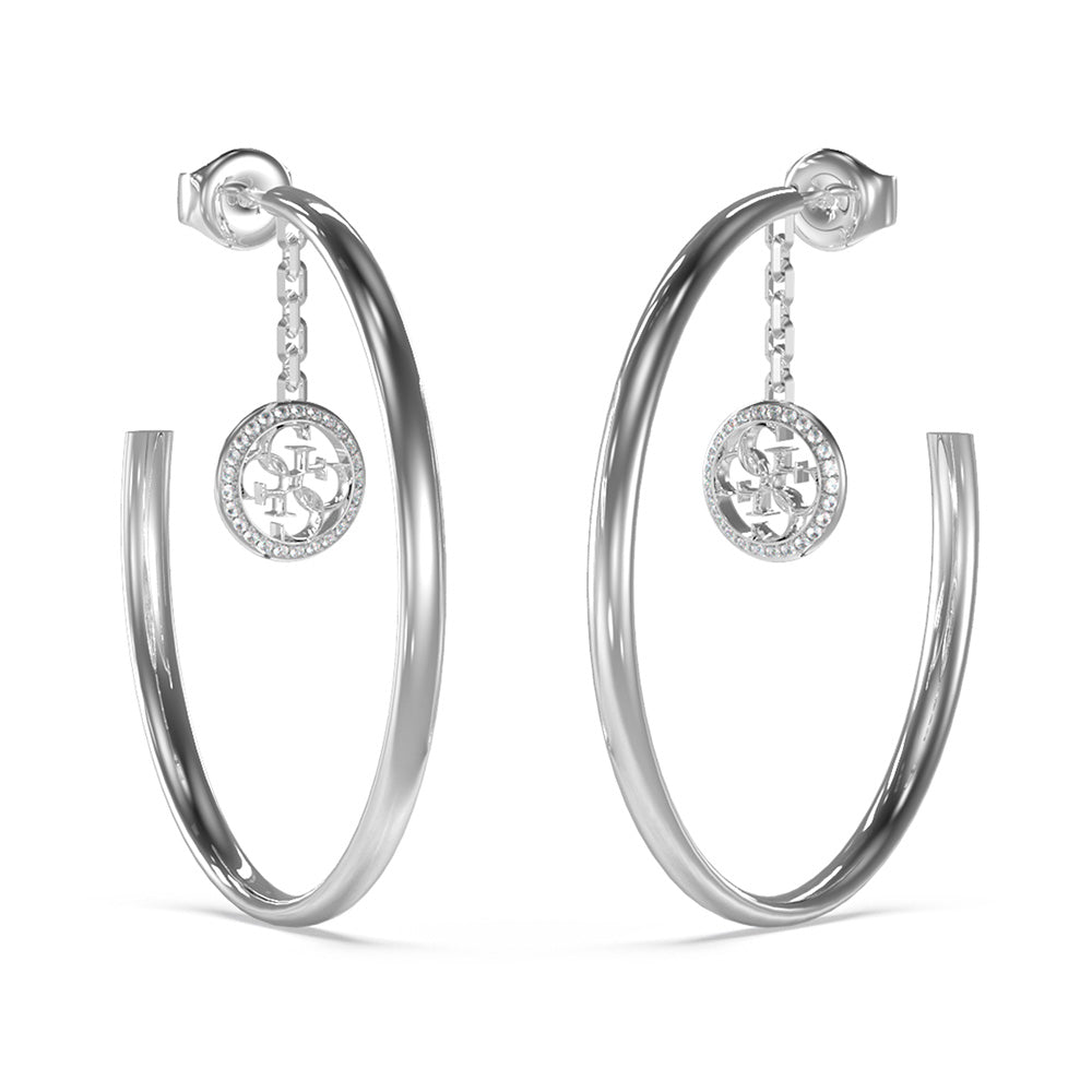 Guess Stainless Steel 4G Cubic Zirconia Coin On 50mm Hoop Earrings