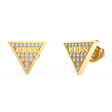 Load image into Gallery viewer, Guess Gold Plated 11mm Pave Logo Triangle Stud Earrings