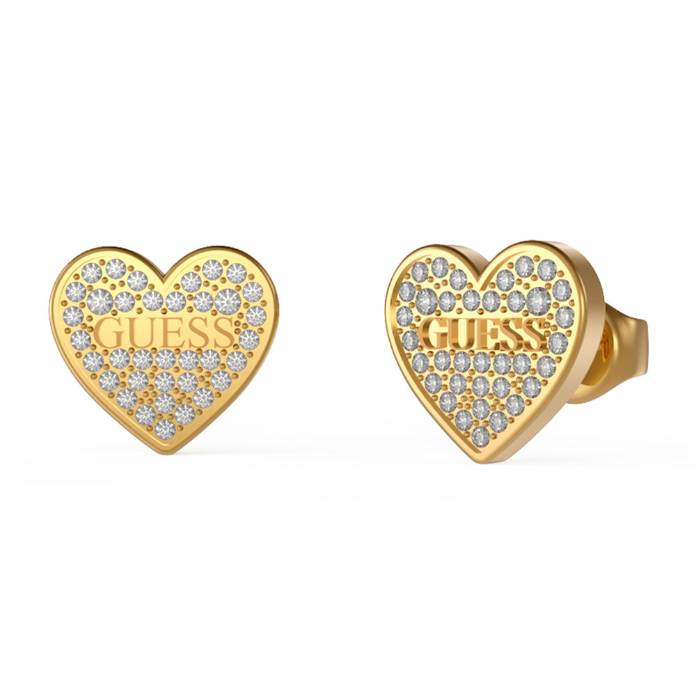 Guess Yellow Gold Plated 11mm Pave Logo Heart Stud Earrings