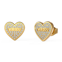 Load image into Gallery viewer, Guess Yellow Gold Plated 11mm Pave Logo Heart Stud Earrings