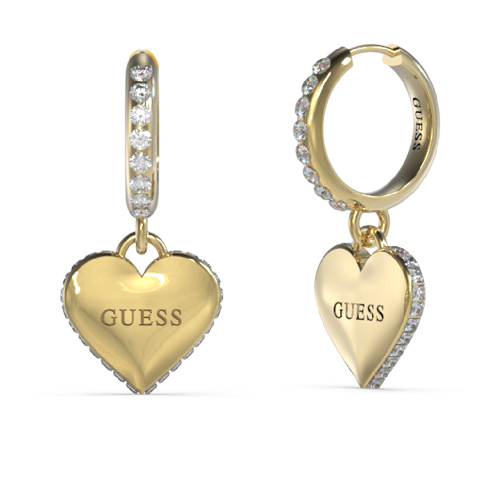 Guess Yellow Gold Plated 30mm Heart Charm Huggies Earrings Shiels