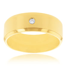 Load image into Gallery viewer, Stainless Steel Yellow Gold Plated Cubic Zirconia Set Beveled Edge 8mm Wide Ring