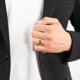 Stainless Steel Yellow Gold Plated Cubic Zirconia Set Beveled Edge 8mm Wide Ring