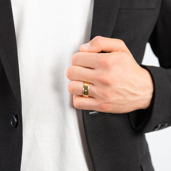 Stainless Steel Yellow Gold Plated Cubic Zirconia Set Beveled Edge 8mm Wide Ring