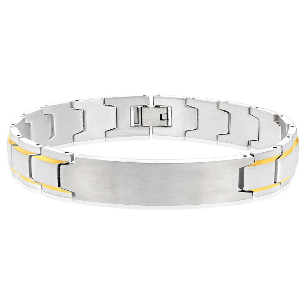 Stainless Steel Gold Stripe With ID Plate 21cm Bracelet