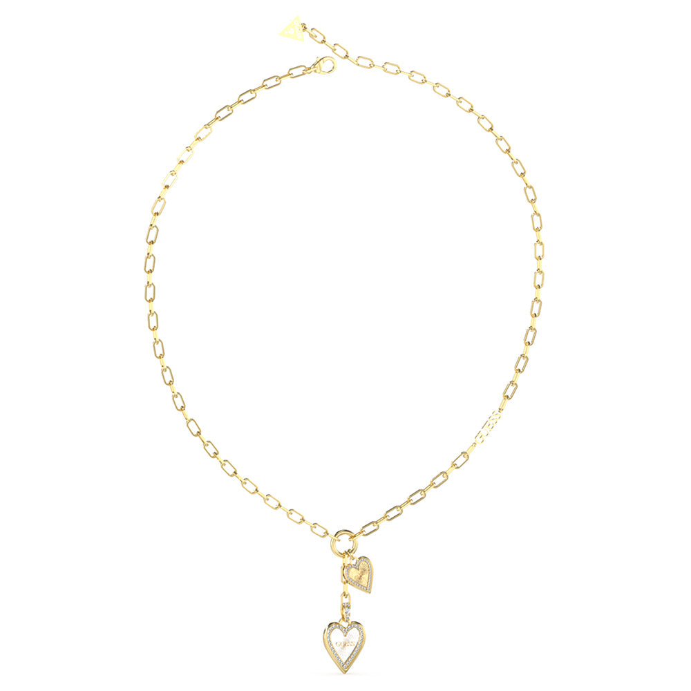 Guess Stainless Steel Gold Plated Double Heart Pendant On Paperlink 16-18" Chain