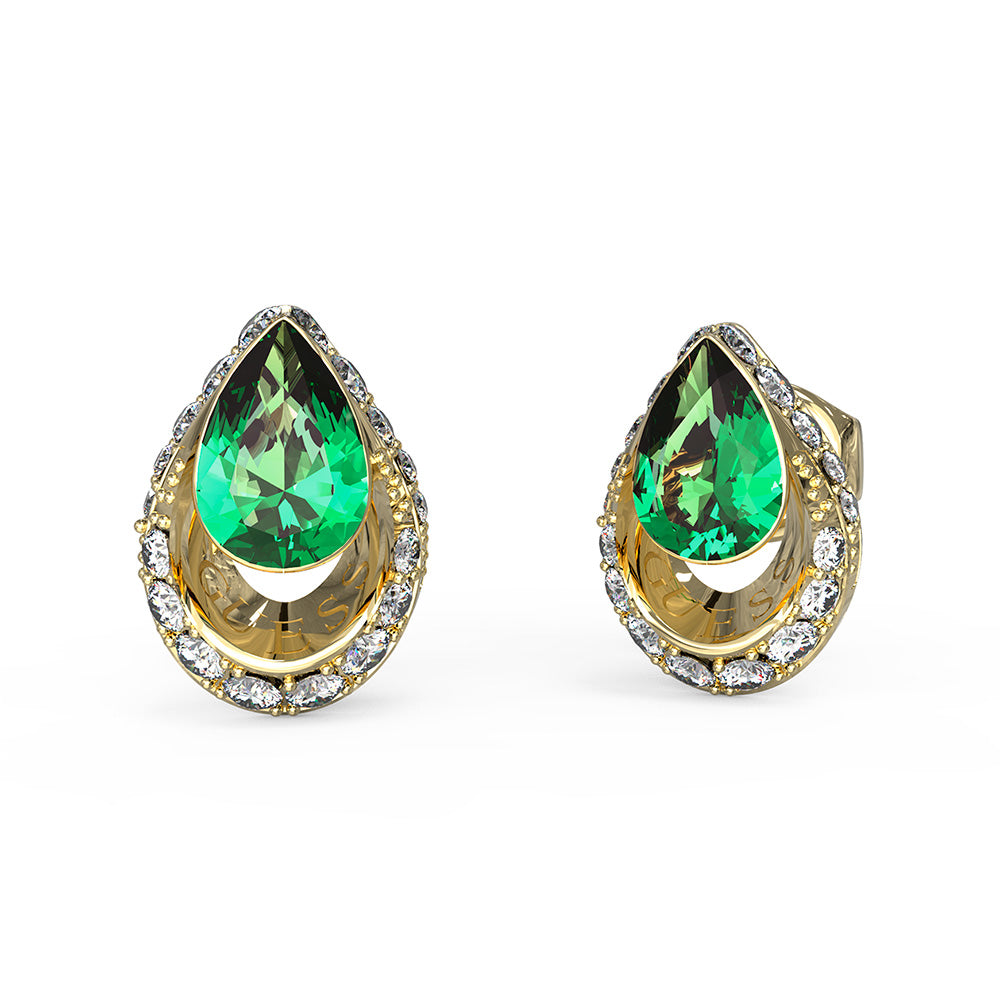 Guess Stainless Steel Gold Plated Emerald 11mm Crystal Drop Stud Earrings