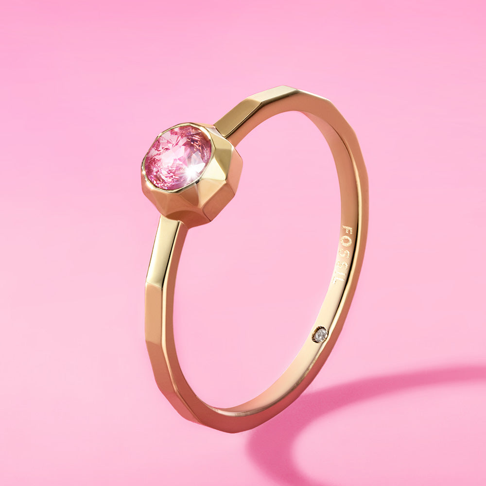 Fossil Barbie Special Edition Gold-Plated Stainless-Steel Pink Crystal Ring