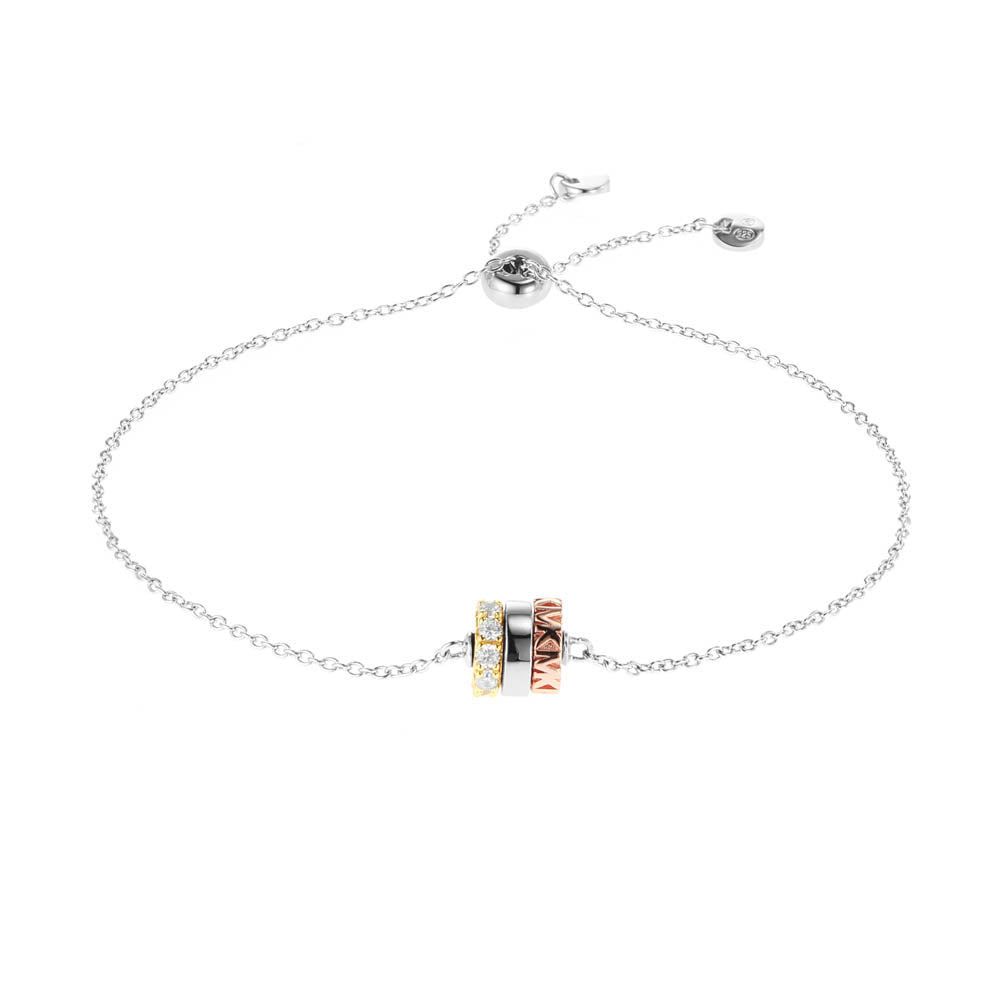 Michael Kors Three Tone Gold And Rose Gold Plated Sterling Silver Premium Rondelle Slider Bracelet