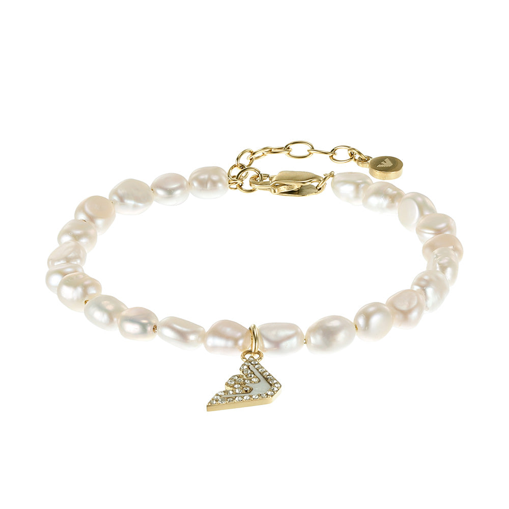 Emporio Armani Gold Plated Stainless Steel Sentimental Logo White Beads Bracelet