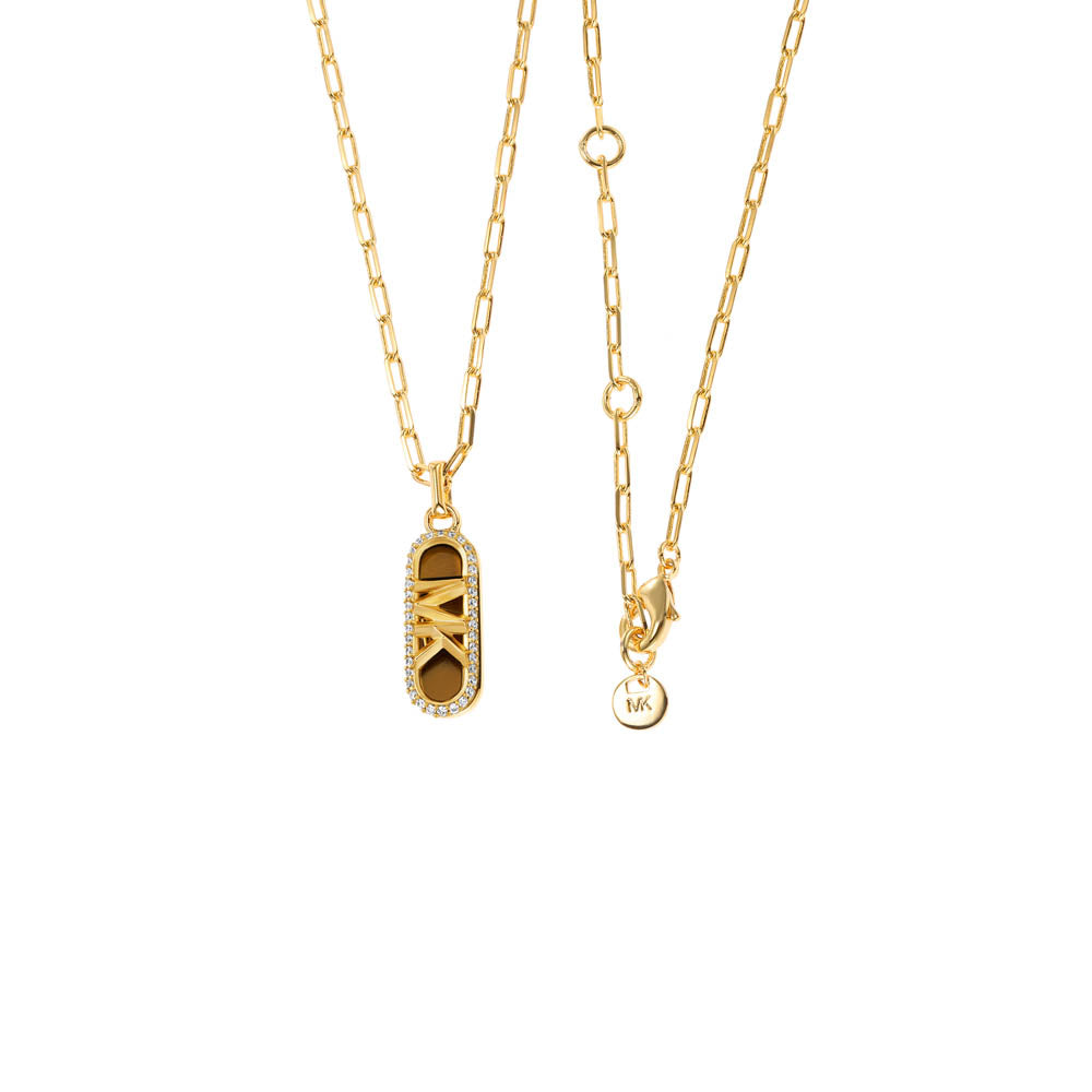 Michael Kors 14ct Yellow Gold Plated Brass Tiger's Eye Dog Tag Pendant with Chain