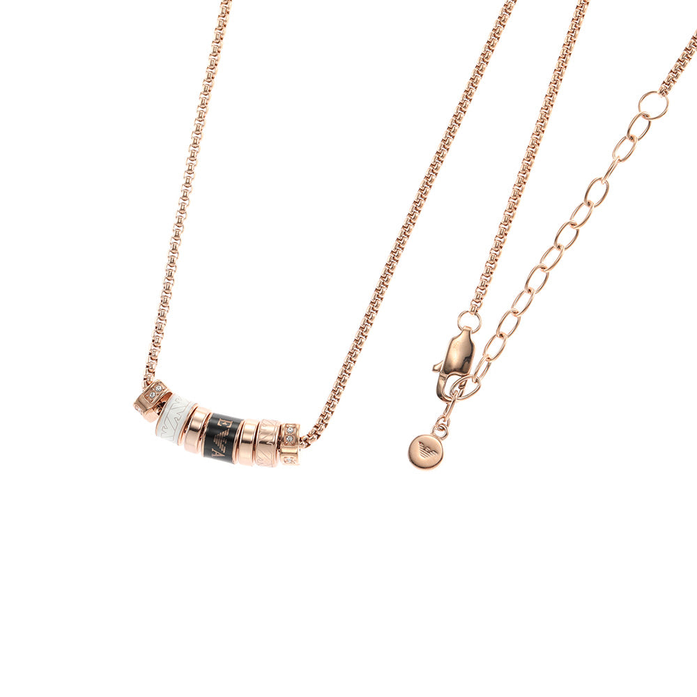 Emporio Armani Rose Gold Plated Stainless Steel Black Lacquer Components Pendant With Chain