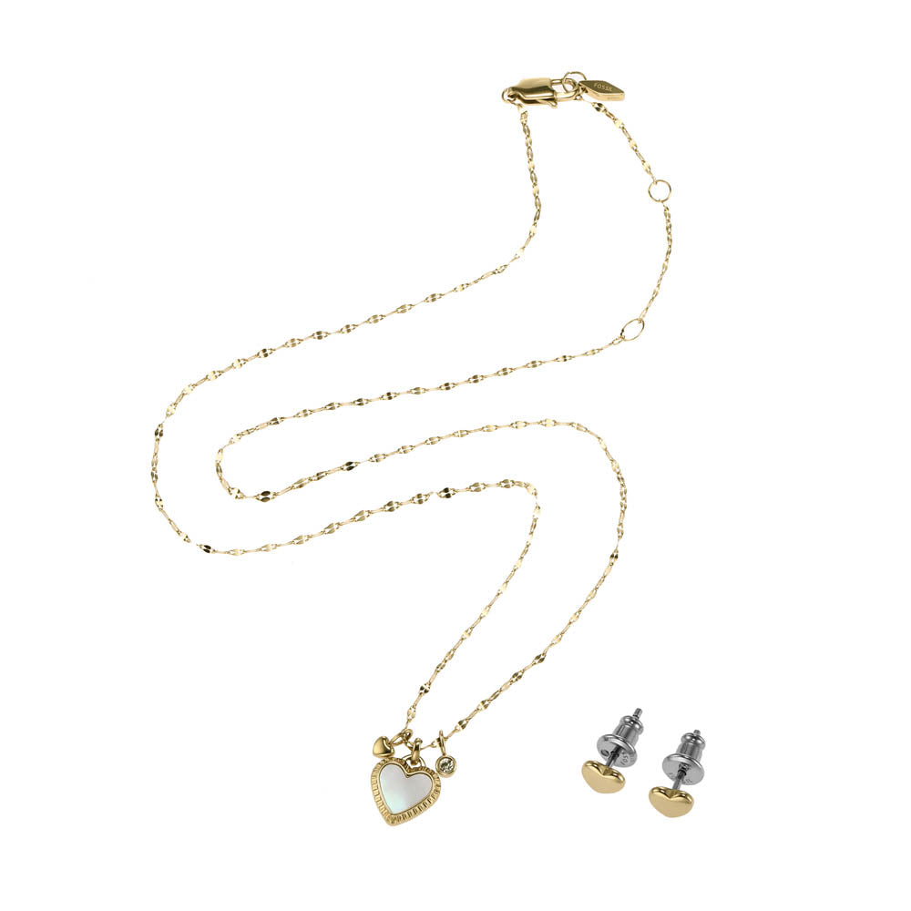Fossil Yellow Gold Plated Stainless Steel MOP Earring & Pendant with Chain Set