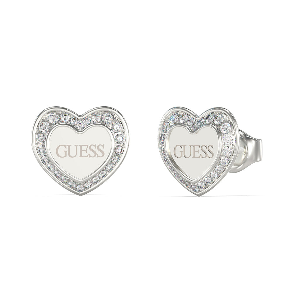 Guess Rhodium Plated Stainless Steel 12mm Crystal Heart Stud Earrings