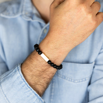 Stainless Steel Gold Plated Black Beads Stretchable Bracelet