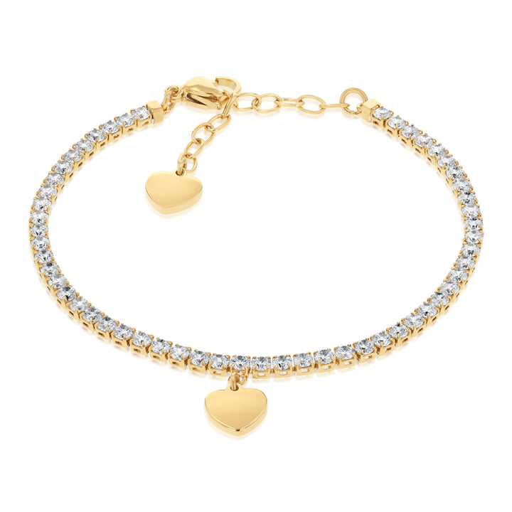 Stainless-Steel Gold-Plated Heart Charm 2.4mm Cubic Zirconia Tennis Bracelet