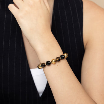 Stainless Steel Gold Plated Black Agate Tiger Eye 17.5cm Stretchable Bracelet