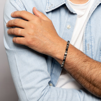Forte Stainless Steel Black Agate, Map Stone And Black Labradorite 21+2.5cm Bracelet