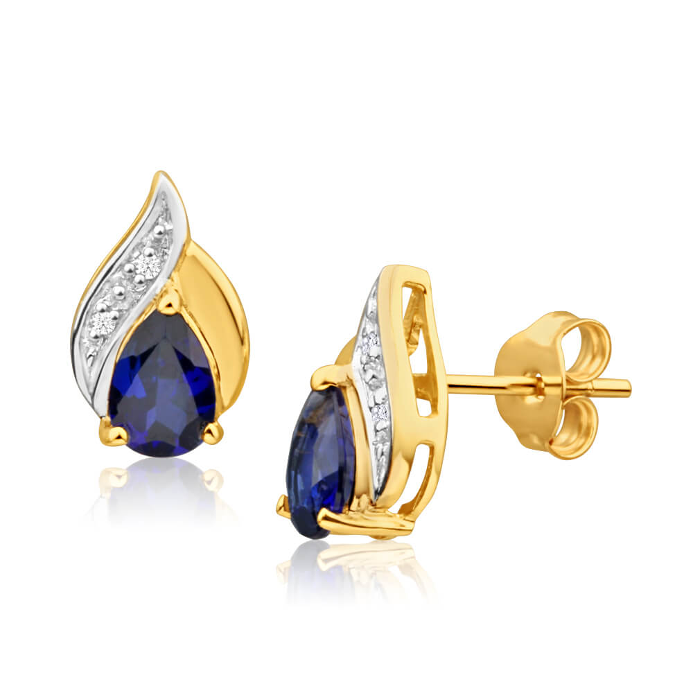 9ct Yellow Gold Created Blue Sapphire + Diamond Stud Earrings