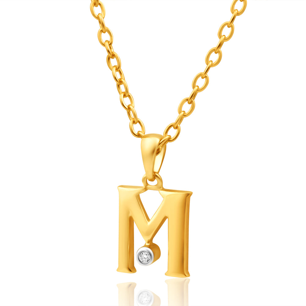 9ct Yellow Gold Pendant Initial M set with diamond