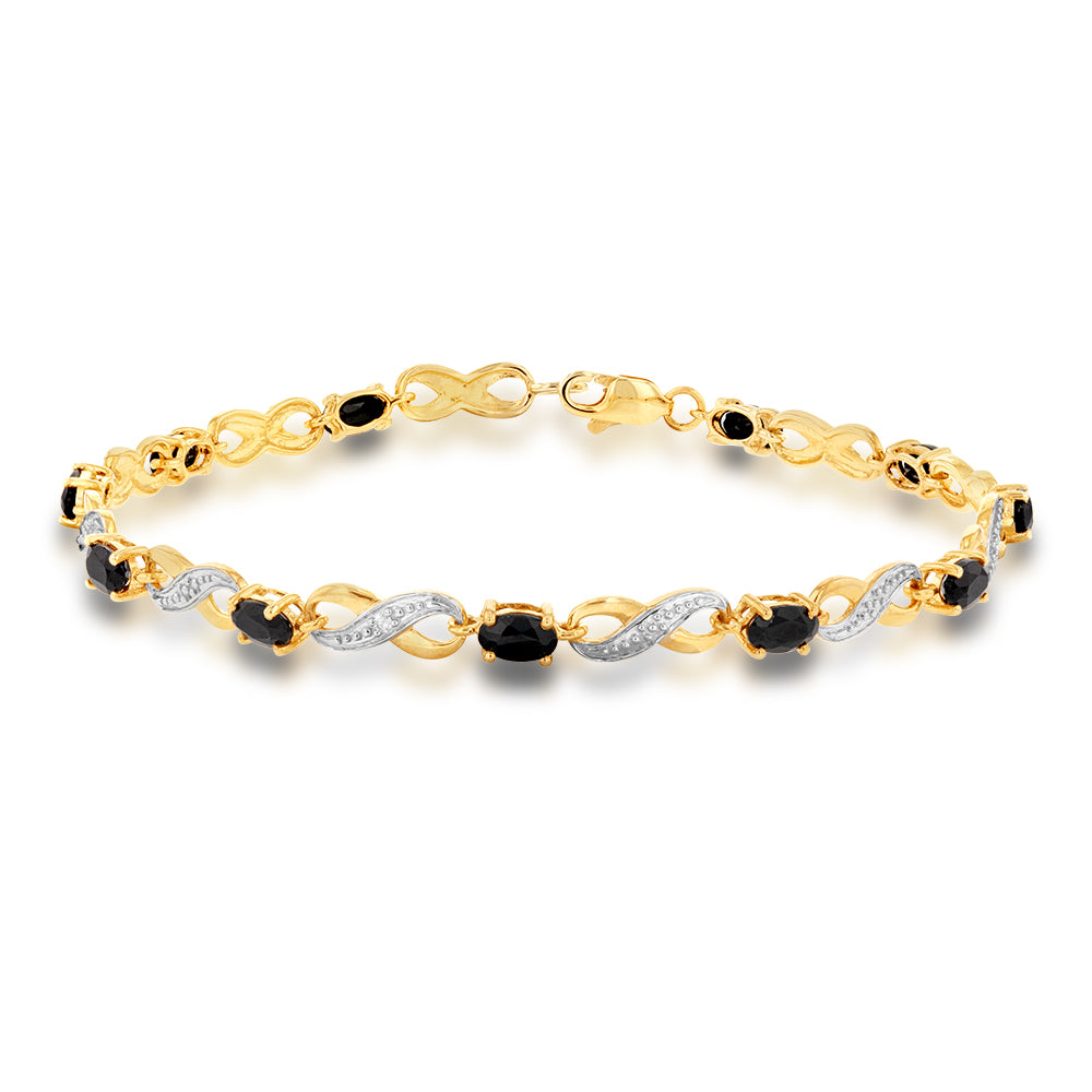 9ct Yellow Gold Natural Black Sapphire and Diamond Infinity Bracelet 18cm