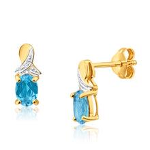 Load image into Gallery viewer, 9ct Alluring Yellow Gold Blue Topaz + Diamond Stud Earrings