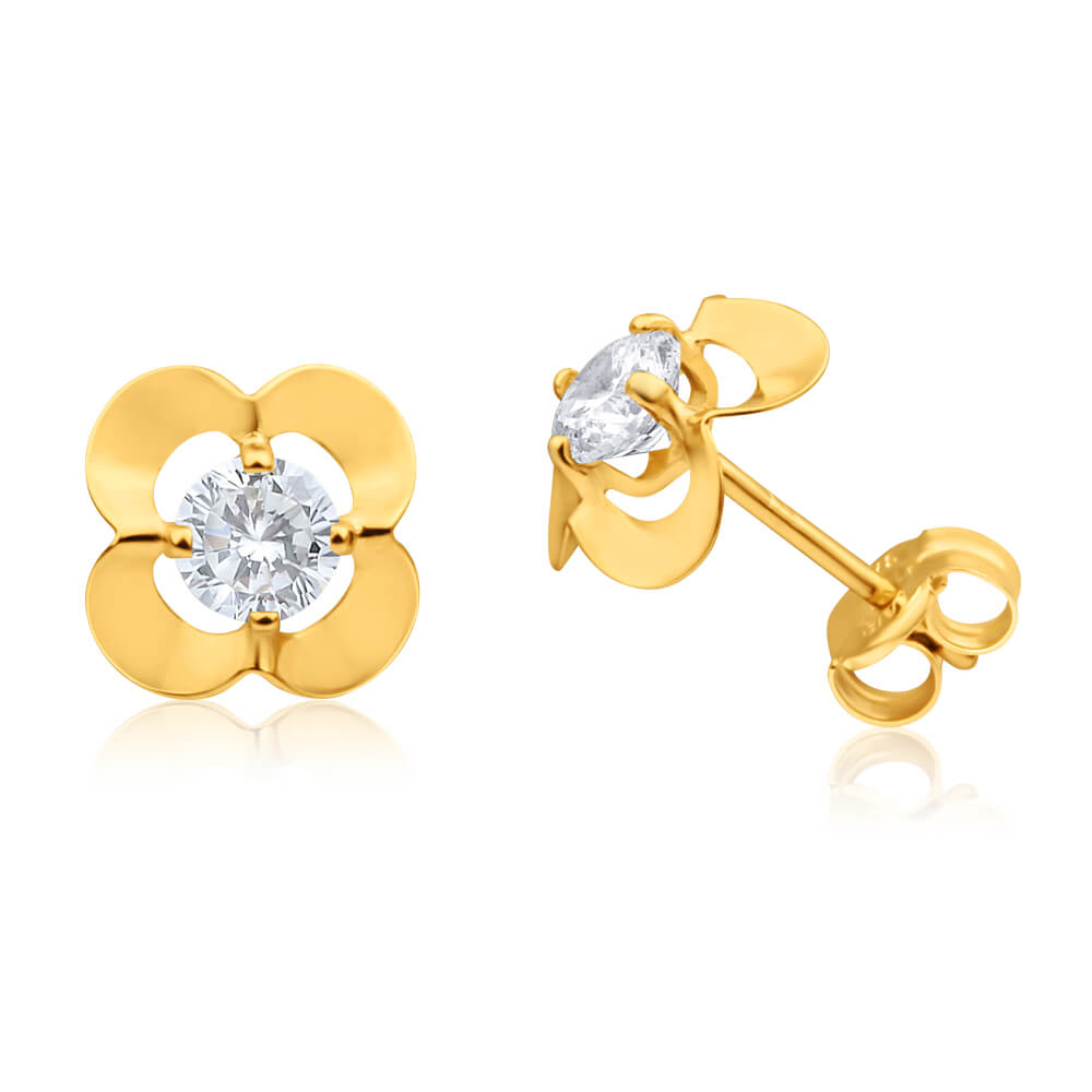 Sapphire 9ct Gold Cubic Zirconia Flower Earrings