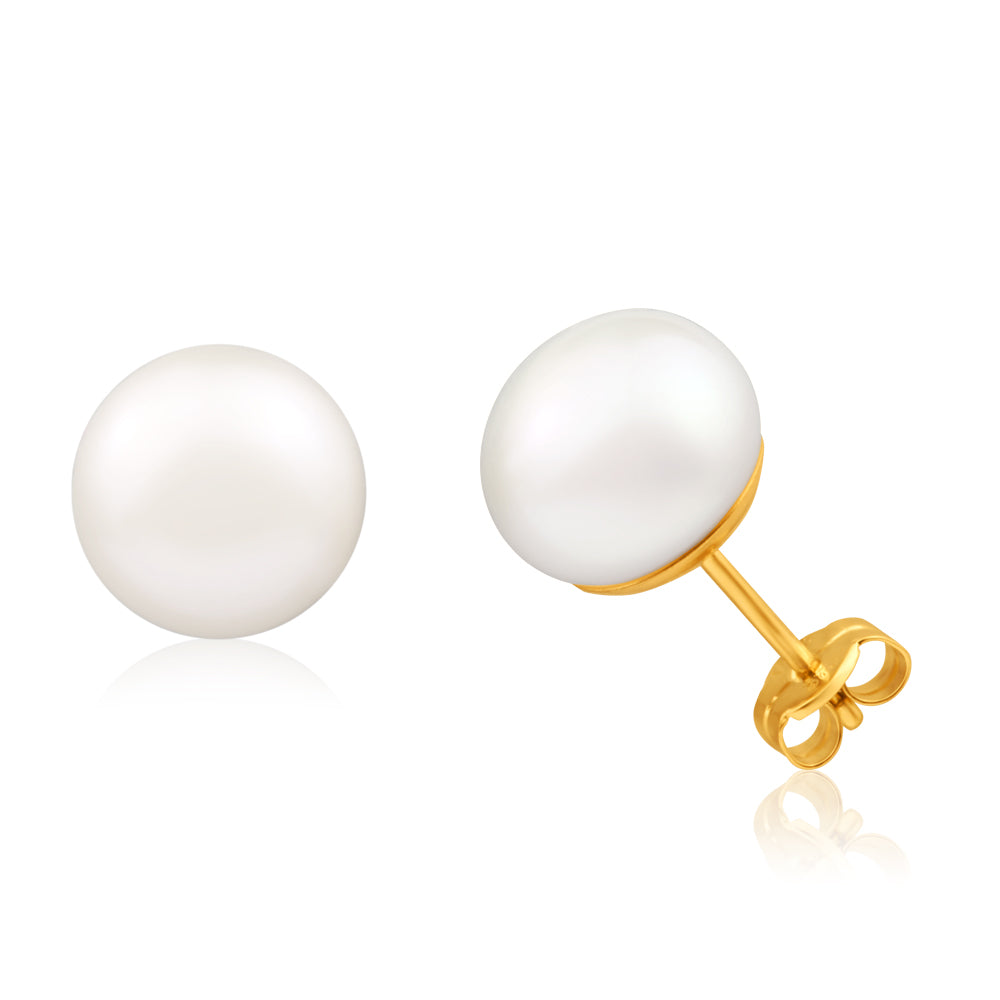 9ct Yellow Gold 9mm White Freshwater Pearl Stud Earrings