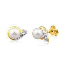 Load image into Gallery viewer, 9ct Dazzling Yellow Gold Diamond + Freshwater Pearl Stud Earrings